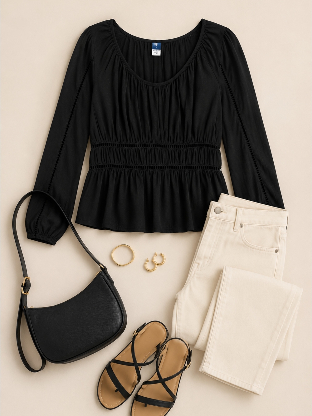EUC Old Navy Black Peasant Peplum Blouse With Lattice Trim, Small